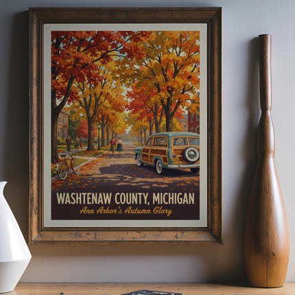 Framed art print of Washtenaw County, Michigan with a classic car and autumn trees.