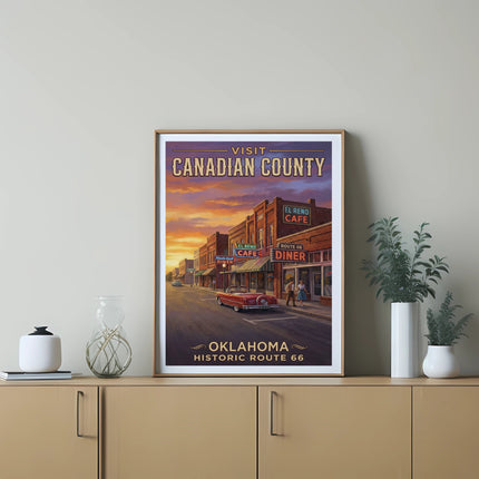 Visit Canadian County Oklahoma Historic Route 66 poster featuring diners and a red convertible.