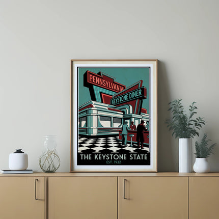Framed poster of Keystone Diner with "Pennsylvania" and "Est. 1950" text.