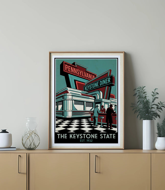 Framed poster of Keystone Diner with "Pennsylvania" and "Est. 1950" text.