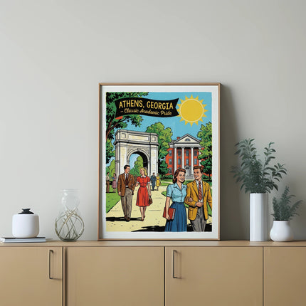 Illustration of Athens, Georgia with buildings, arch, and people.