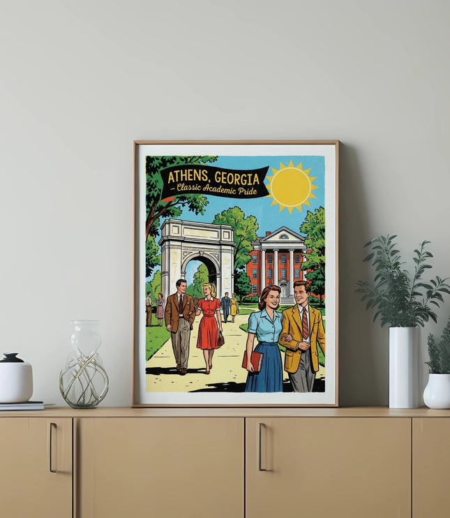 Illustration of Athens, Georgia with buildings, arch, and people.