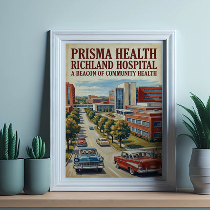 Prisma Health Richland Hospital text above a vintage-style illustration of a street with cars and buildings.