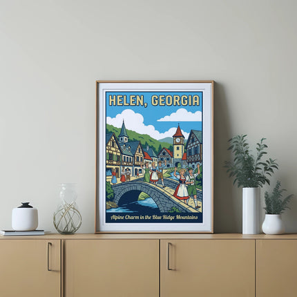 Illustration of Helen, Georgia with Alpine architecture and the text "Alpine Charm in the Blue Ridge Mountains".