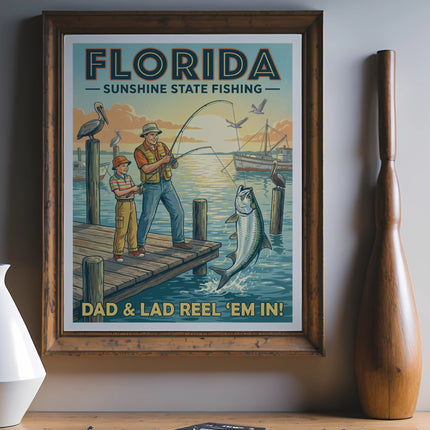 Florida Sunshine State Fishing art with dad and son catching fish.