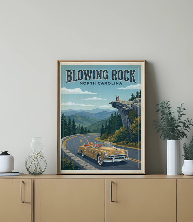 Vintage travel poster for Blowing Rock, North Carolina, featuring a classic car and mountain scenery.