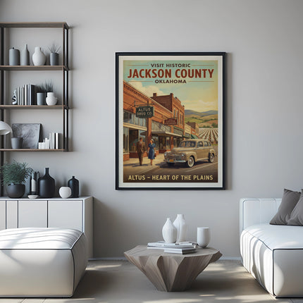 Vintage poster for Jackson County, Oklahoma, depicting Altus Drug Co. and a vintage car.