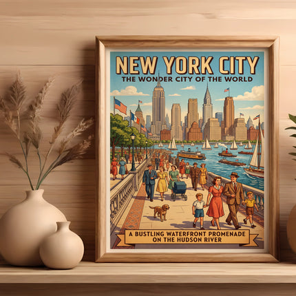 New York City poster of a bustling waterfront promenade on the Hudson River.