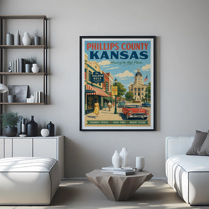Vintage poster for Phillips County, Kansas, featuring a town scene and retro car.
