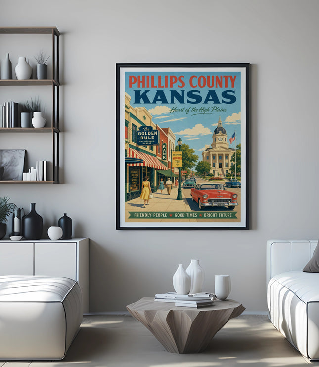 Vintage poster for Phillips County, Kansas, featuring a town scene and retro car.
