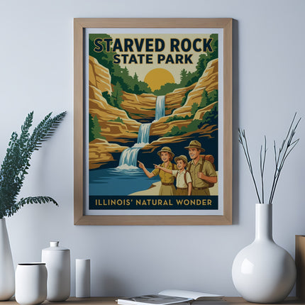 Starved Rock State Park Illinois poster with waterfall and hikers.