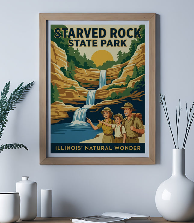 Starved Rock State Park Illinois poster with waterfall and hikers.