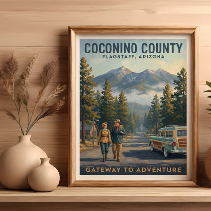 Coconino County Flagstaff, Arizona poster with couple walking past retro car.