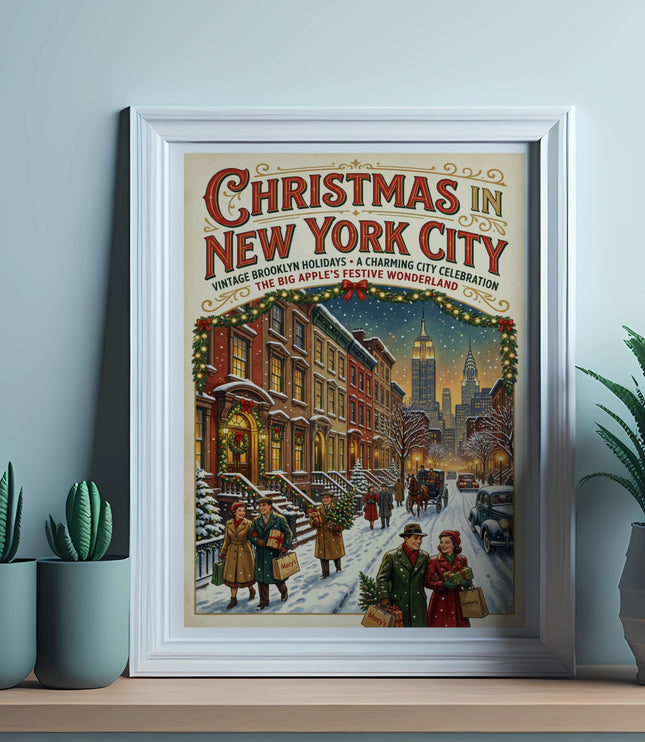 Vintage Christmas in New York City poster with snow, buildings, and people shopping.