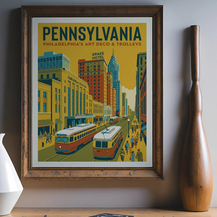 Art deco poster of Philadelphia with trolleys and buildings.
