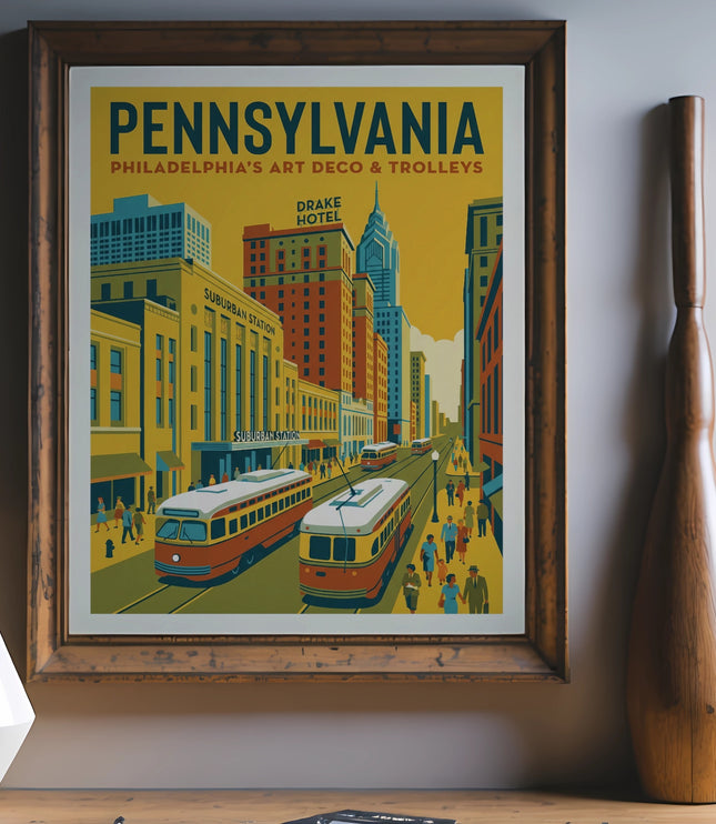Art deco poster of Philadelphia with trolleys and buildings.