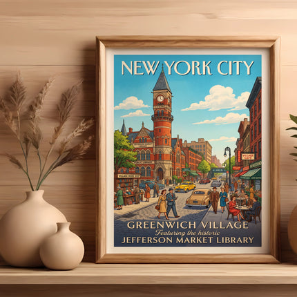 New York City poster featuring the historic Jefferson Market Library.
