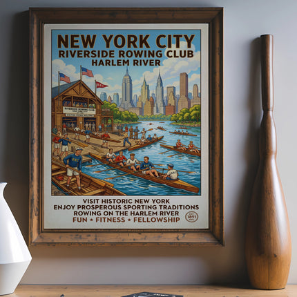 Vintage New York City Riverside Rowing Club Harlem River poster.