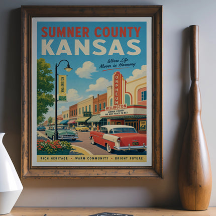 Sumner County, Kansas, vintage travel poster depicting Wellington, Orpheum Theatre, and local businesses.