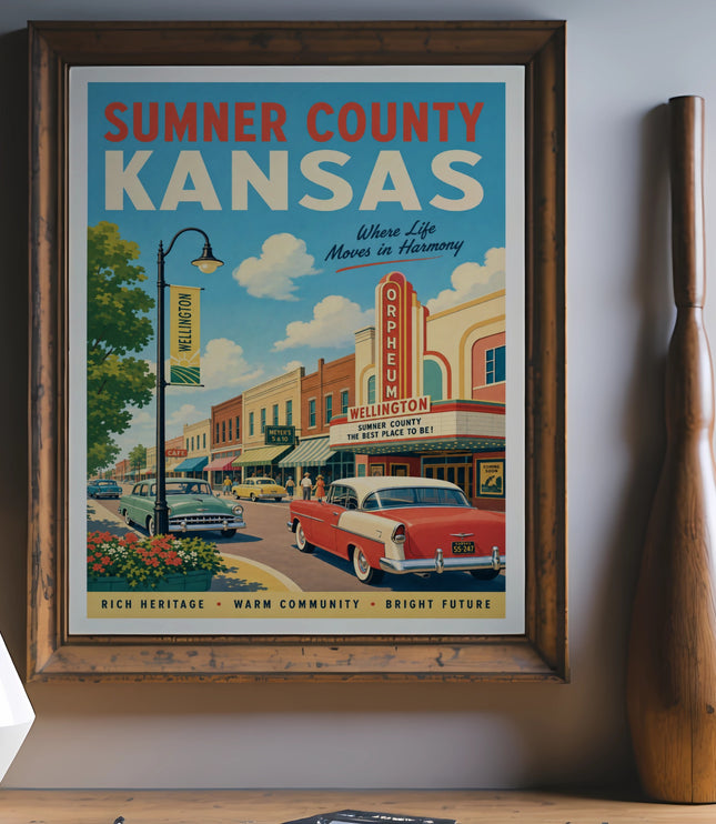 Sumner County, Kansas, vintage travel poster depicting Wellington, Orpheum Theatre, and local businesses.