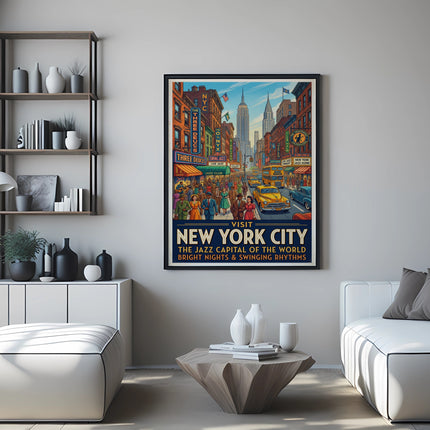 Vintage "Visit New York City: The Jazz Capital" poster with city skyline and jazz clubs.