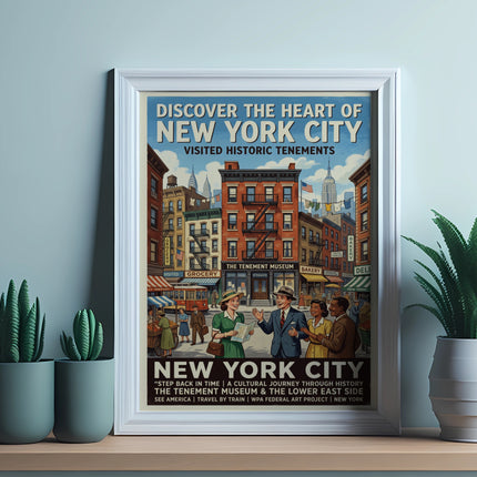 New York City Tenement Museum vintage travel poster with people and buildings.