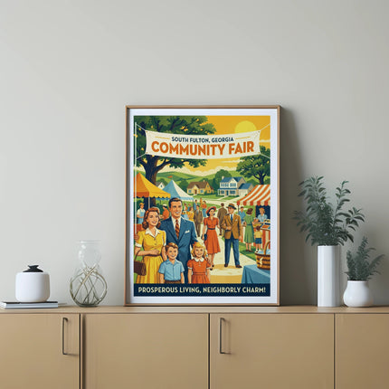 Community Fair poster with families, tents, and houses in a cheerful scene.