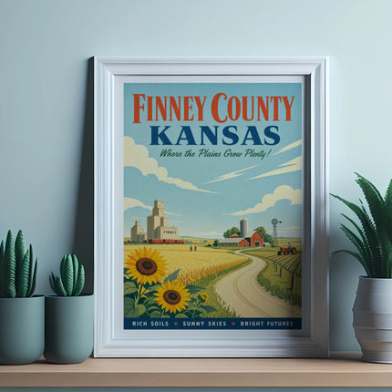 Finney County Kansas poster with sunflowers, farm, and text.