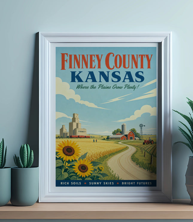 Finney County Kansas poster with sunflowers, farm, and text.