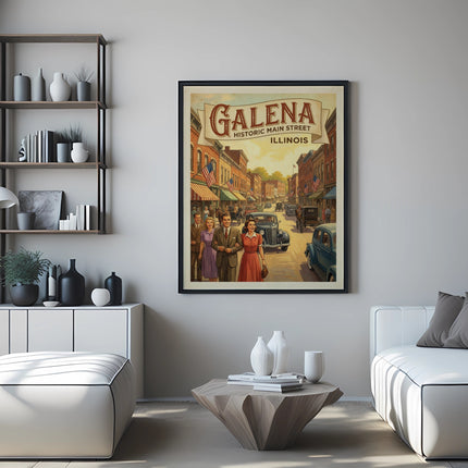 Vintage poster for Galena, Illinois, showing a historic street scene with people and cars.