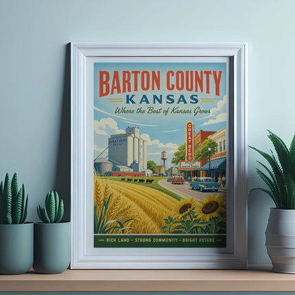Barton County, Kansas, vintage travel poster with wheat fields and grain silo.