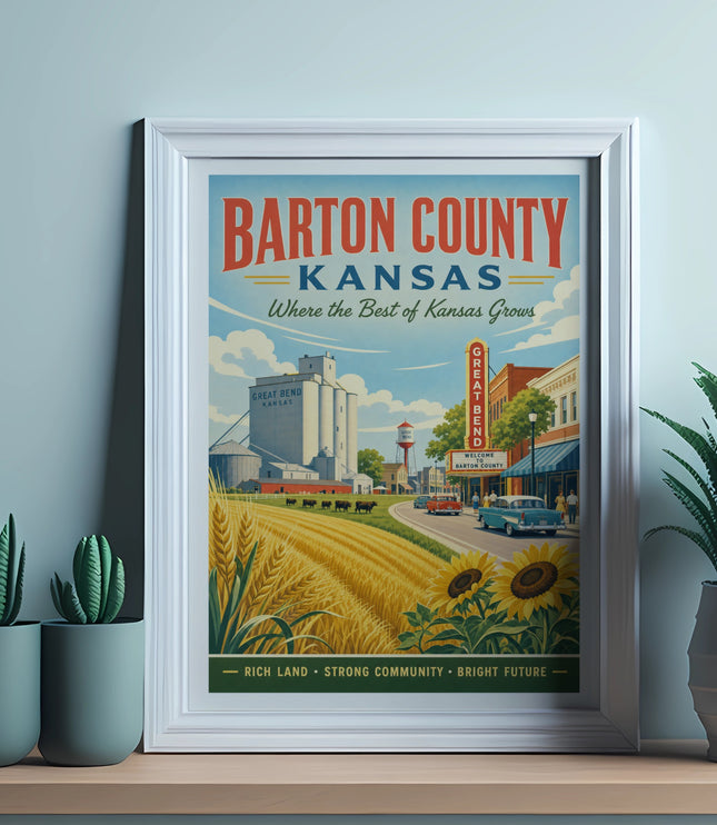 Barton County, Kansas, vintage travel poster with wheat fields and grain silo.