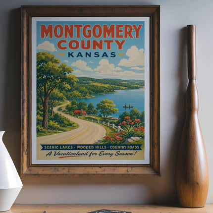 Montgomery County, Kansas vintage travel poster showing a lake and country road.