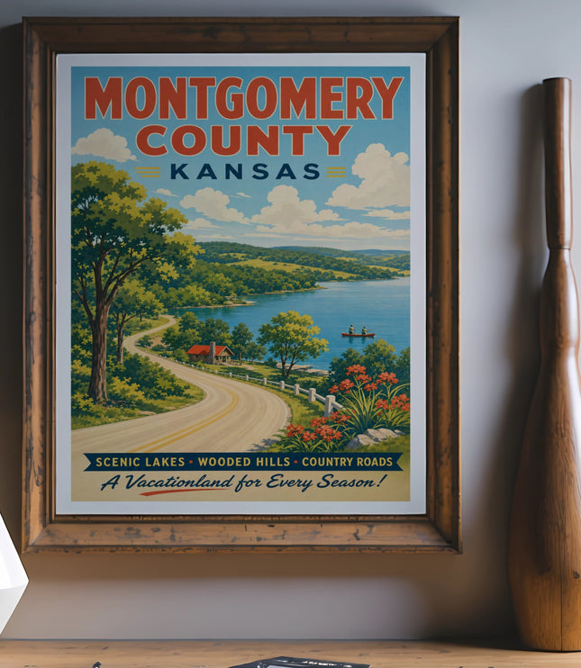 Montgomery County, Kansas vintage travel poster showing a lake and country road.