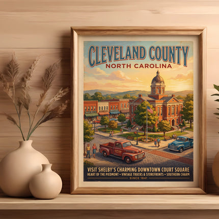 Poster shows Cleveland County, North Carolina with courthouse, storefronts, and vintage trucks.