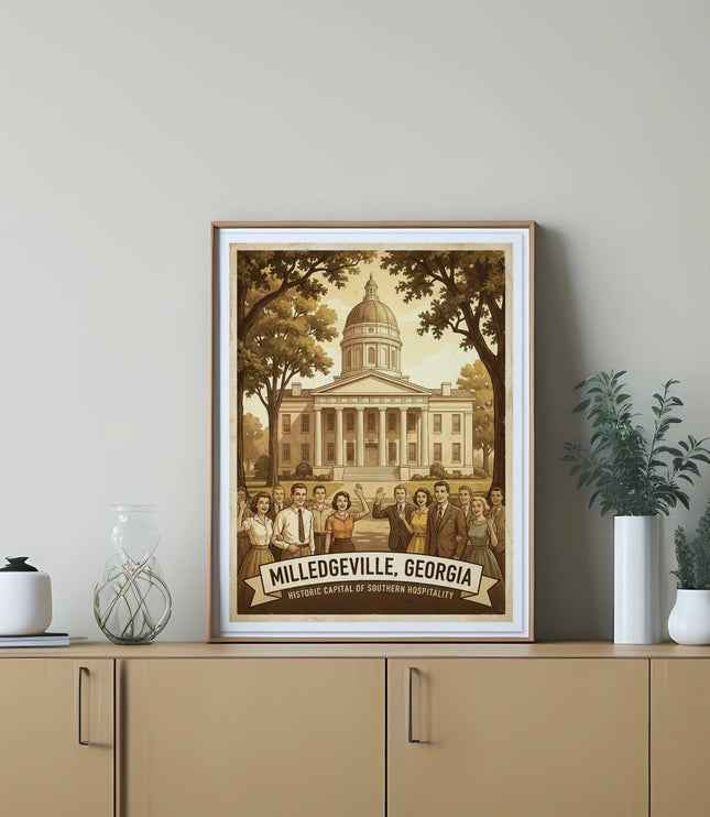 Milledgeville, Georgia poster with historic building and people.