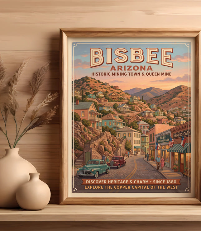Bisbee, Arizona vintage poster depicting historic mining town and Queen Mine.