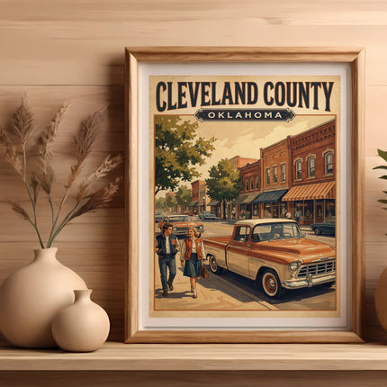 Cleveland County Oklahoma art with vintage truck and couple on sidewalk.