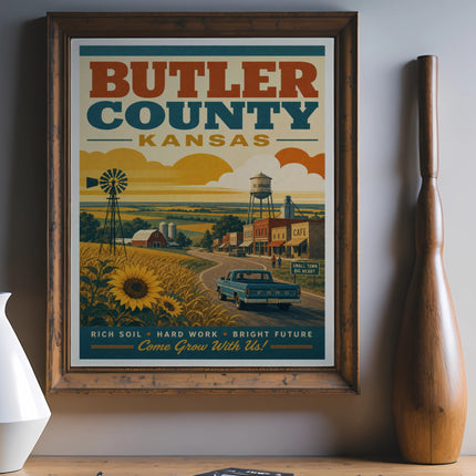 Retro poster for Butler County, Kansas, featuring a landscape with sunflowers, windmill, and town.