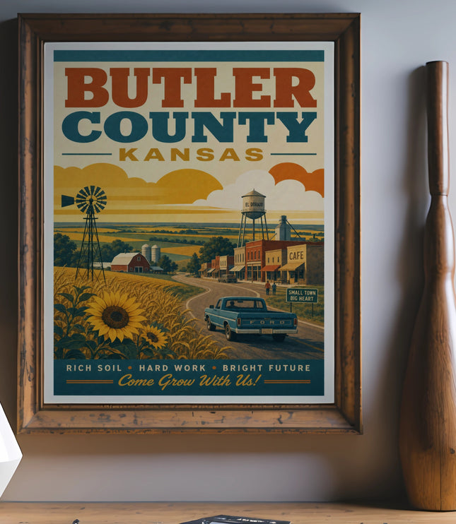 Retro poster for Butler County, Kansas, featuring a landscape with sunflowers, windmill, and town.