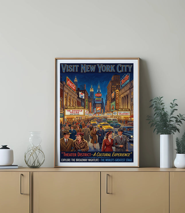 Visit New York City poster with busy street scene and theater marquees.
