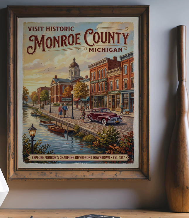 Vibrant poster of Monroe County, Michigan riverfront downtown with vintage buildings and car.