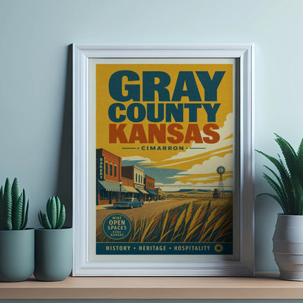 Gray County, Kansas poster featuring Cimarron, bakery, and vintage scenery.