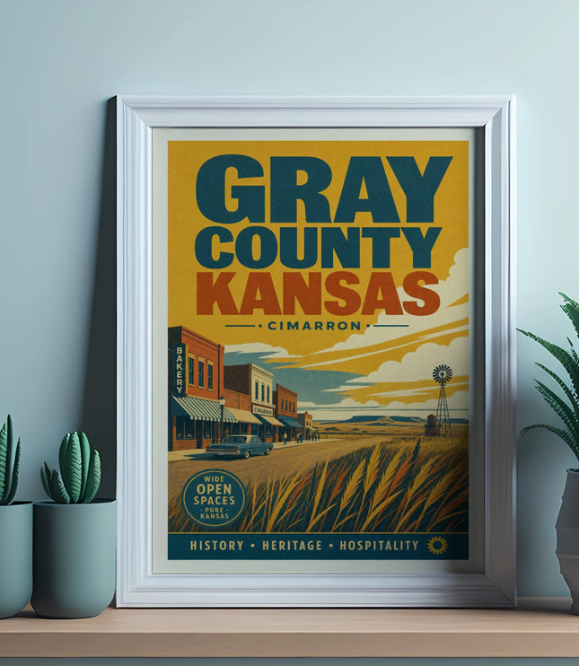 Gray County, Kansas poster featuring Cimarron, bakery, and vintage scenery.