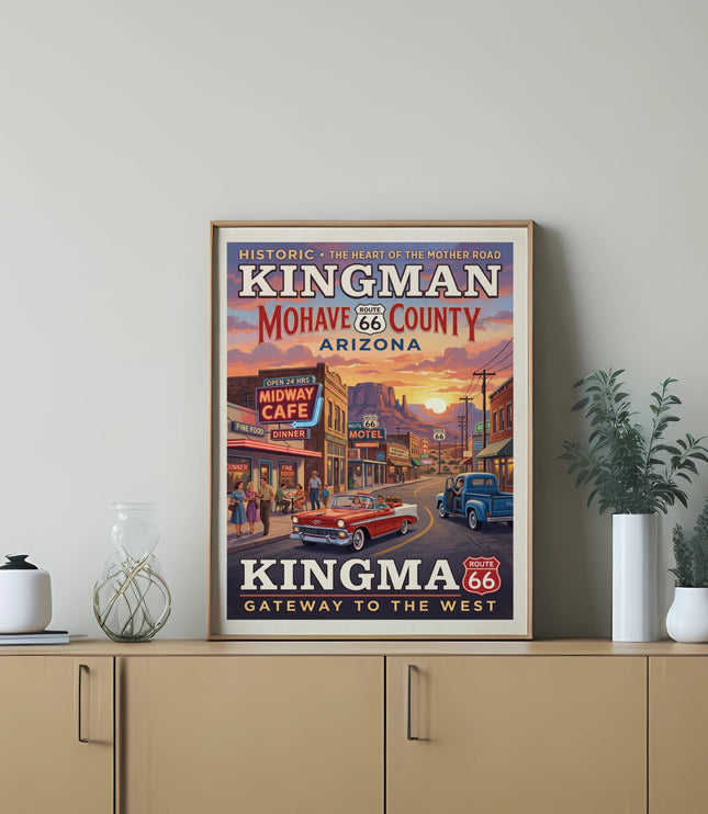 Kingman, Arizona Route 66 poster with crimson convertible and blue truck.