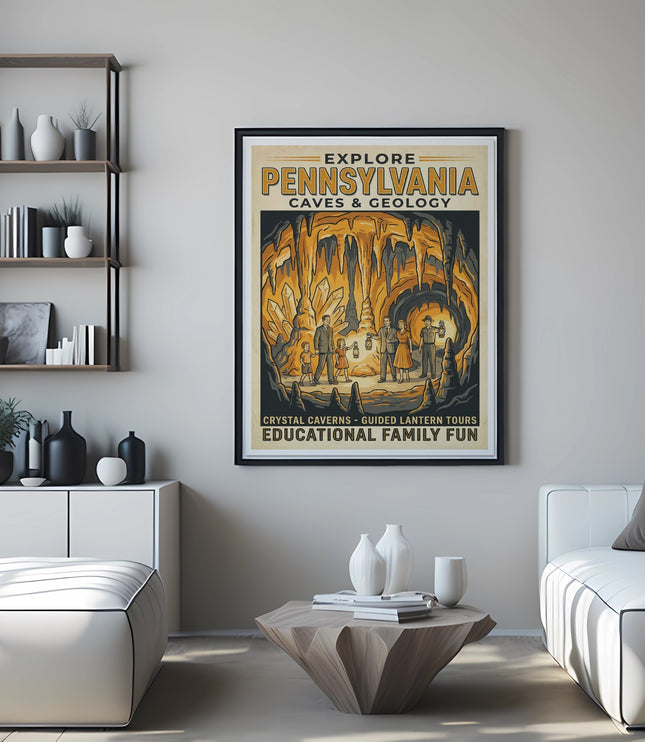 Explore Pennsylvania Caves & Geology poster with cave scene and text.