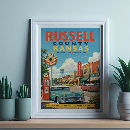 Vintage Russell County, Kansas travel poster with retro car and buildings.
