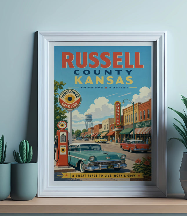 Vintage Russell County, Kansas travel poster with retro car and buildings.