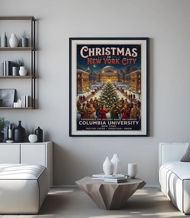 Christmas in New York City poster featuring Columbia University and a festive scene.