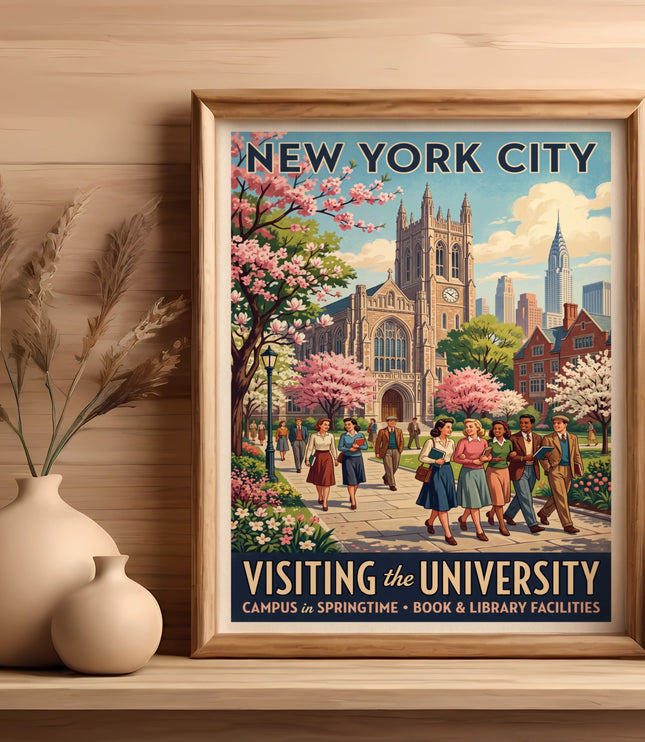 Vintage poster of New York City visiting university, campus in springtime, with people and buildings.